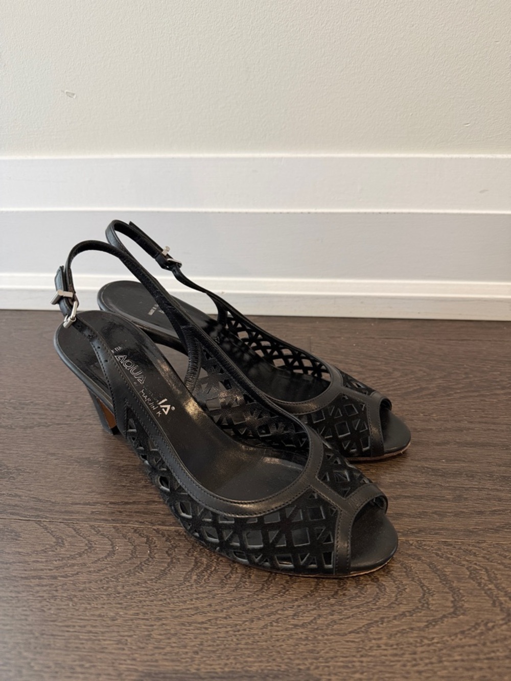 Aquatalia black peeptoe slingback heels 7